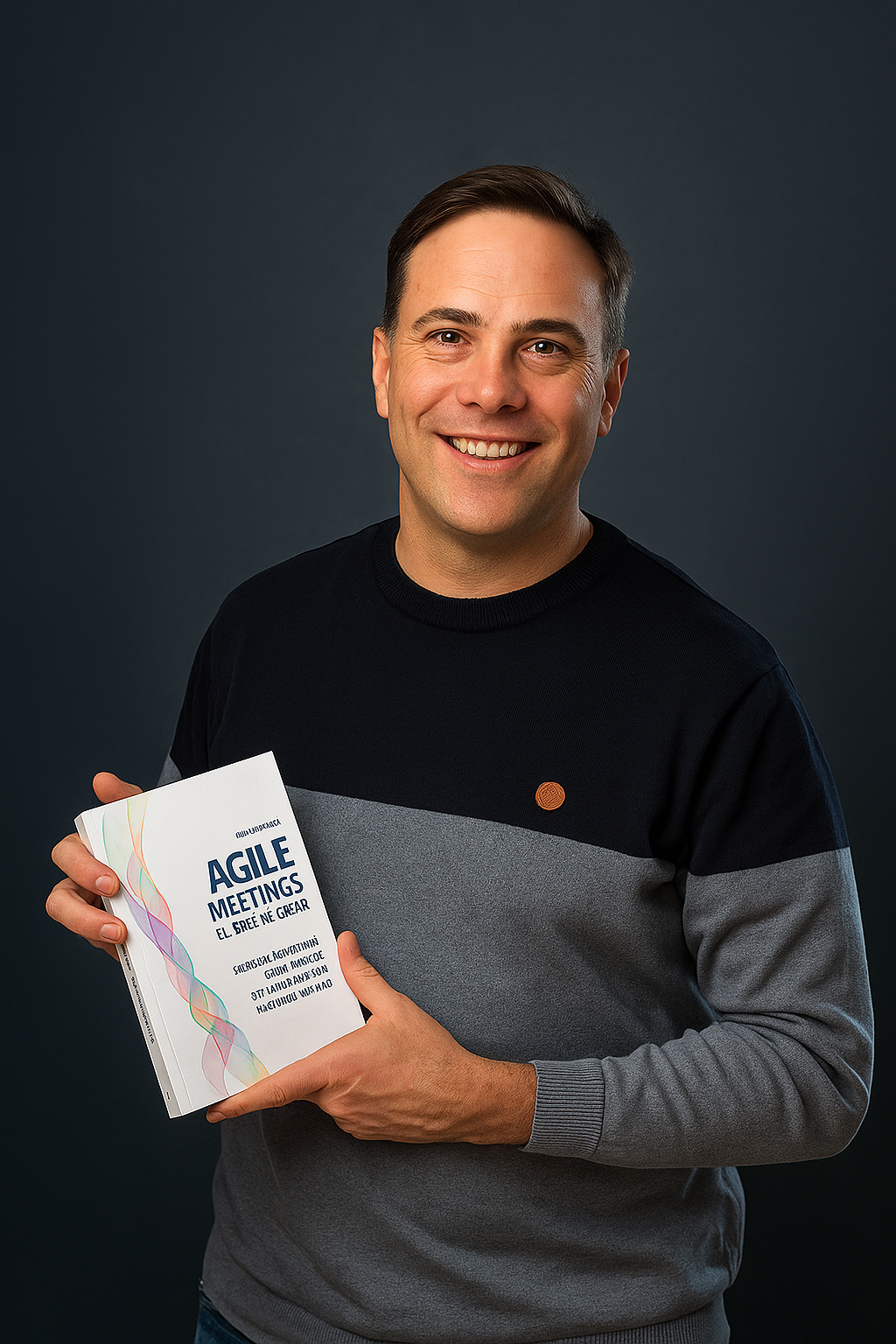 Autor del libro posando con el libro Agile Meetings